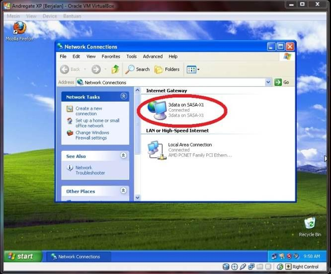 Nah, sudah reply semua tapi belum ada perubahan di koneksi. Sekarang coba restart OS Guest (Windows XP). Setelah di restart jaringan di Windows XP akan sedikit berubah dari sebelumnya.
