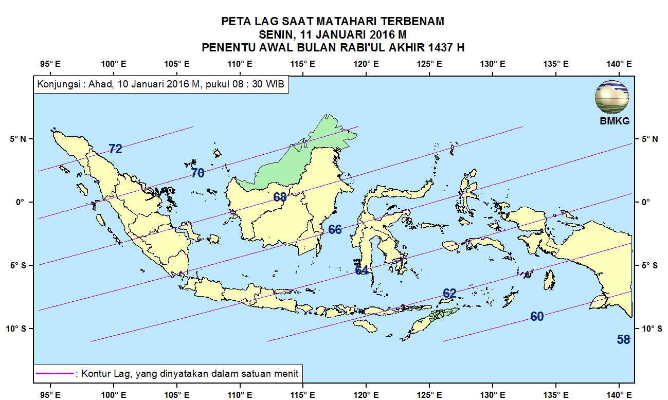 6. Peta Lag Pada Gambar 7 dan 8 ditampilkan peta Lag untuk pengamat di Indonesia pada tanggal 10 dan 11 Januari 2016. Lag adalah selisih waktu terbenam Bulan dengan waktu terbenam Matahari.