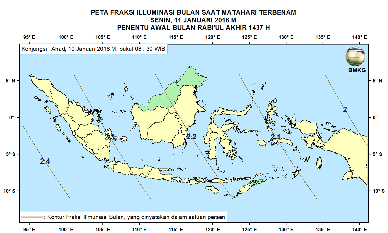 7. Peta Fraksi Illuminasi Bulan Pada Gambar 9 dan 10 ditampilkan peta Fraksi Illuminasi Bulan untuk pengamat di Indonesia pada tanggal 10 dan 11 Januari 2016.