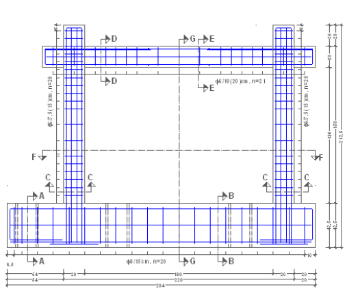 Gambar 2.9 Desain Tulangan Portal Benda Uji Untuk jenis material yang digunakan dan sifat-sifatnya ditampilkan dalam tabel 2.3 Tabel 2.