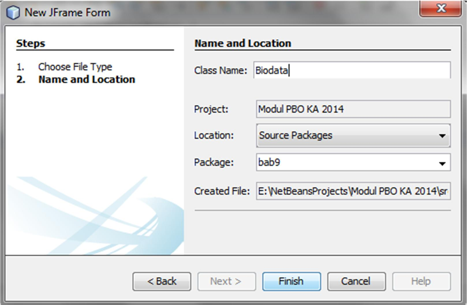 Langkah Penyelesaian Setelah membuat 1 project java, buatlah sebuah JFrame pada package