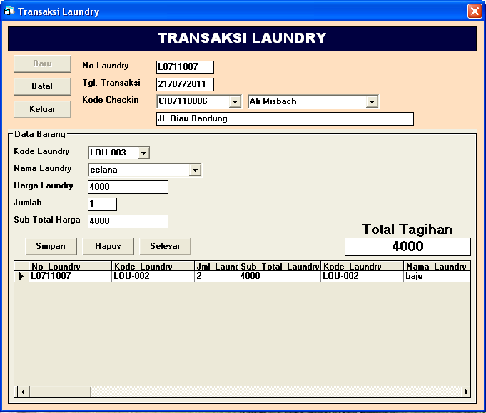 128 3. Form Transaksi Laundry Gambar 5.25. Form Transaksi Laundry Kemudian apabila tamu ingin menggunakan fasilitas laundry maka petugas laundry akan menekan Transaksi Laundry pada form menu utama.