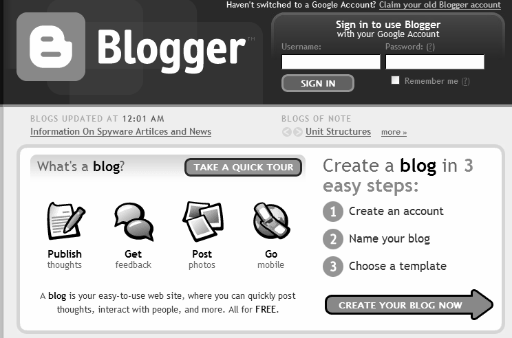 http://www.blogger.com Situs Blogger merupakan salah satu dari penyedia layanan blog yang cukup populer. Dan bersifat gratis. Awalnya dibuat oleh Pyra Labs, tetapi kemudian dibeli oleh Google.