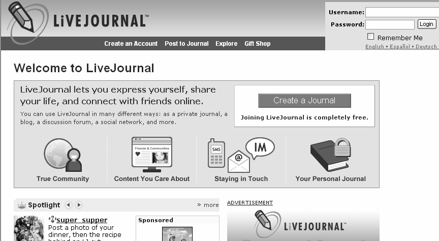 Gambar 1.7 Halaman awal situs TypePad http://www.livejournal.com Live Journal didirikan oleh Brad Fitzpatrick pada tahun 1999.