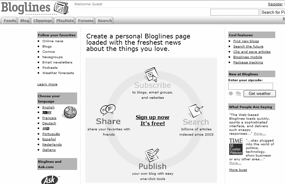 Gambar 1.10 Halaman awal situs Blog Drive http://www.bloglines.com Bloglines juga memiliki fitur blog.