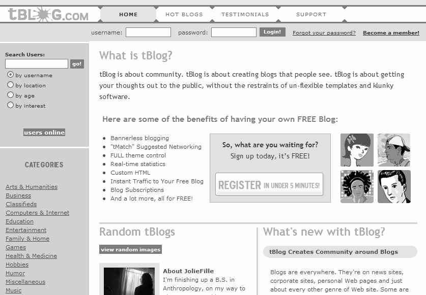 http://www.tblog.com Contoh penyedia layanan blog yang gratis lainnya adalah tblog. Alamat yang dihasilkan akan mengikuti format http://namaanda.tblog.com. Gambar 1.