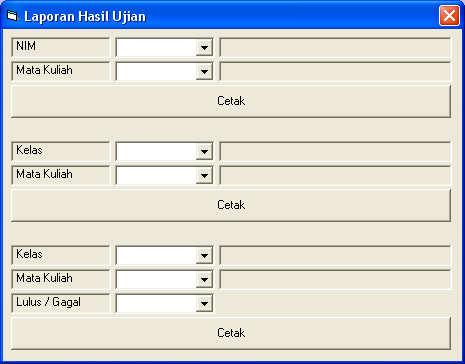 5.6.7 Membuat Form Laporan Gambar 5.54 Form Ujian Koding : Gambar 5.55 Form Laporan Private Sub Form_Load() RSHasil.Open "select distinct nim,idkuliah from hasilujian", Conn Combo5.