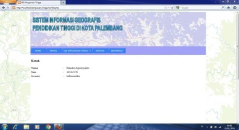 5. Halaman GIS Sekolah Tinggi merupakan halaman yang isinya pemetaan data sekolah tinggi yang ada di Kota Palembang. 6.