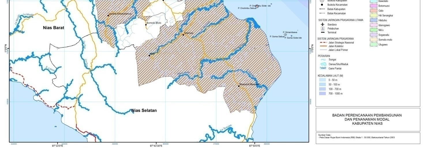 yang terdiri dari 10 Desa yang tersebar di 7 Kecamatan.Berikut ini adalah peta wilayah kajian sanitasi Kabupaten Nias: Peta 3.1. Wilayah kajian Sanitasi 3.