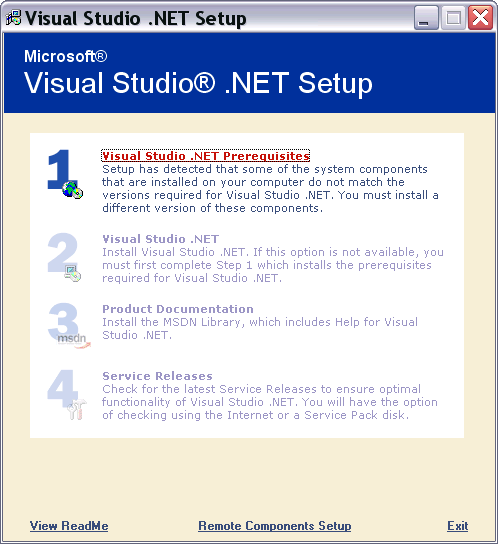 LAMPIRAN Proses penginstalan Visual Studio.NET Masukkan CD visual studio.net Pilih SETUP.EXE Pilih Option pertama yaitu Visual Studio.