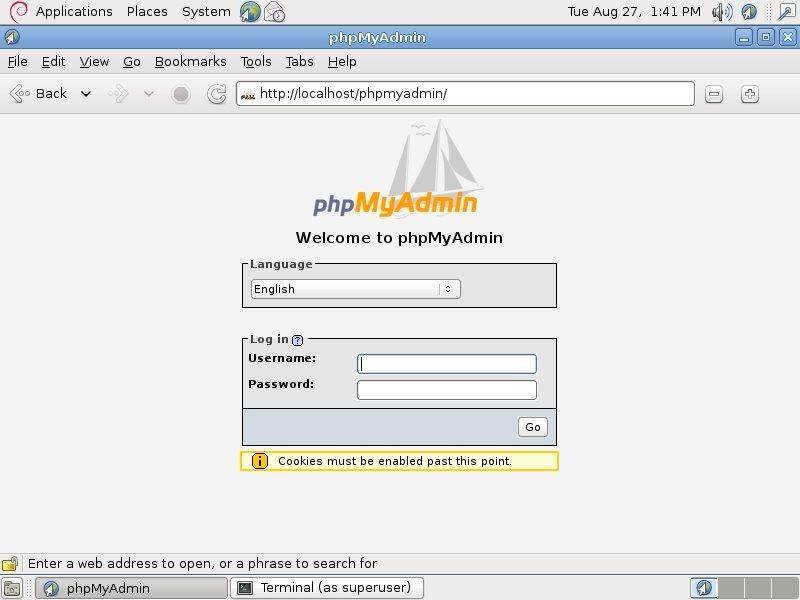 21. Terakhir adalah login ke phpmyadmin, buka web browser lalu ketikan alamat localhost/phpmyadmin atau ip address komputer 192.168.x.