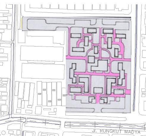 6.1.2 Zoning Kawasan Pada konsep perancangan, zoning kawasan membentuk pola cluster. Namun, dalam hasil perancangannya, zoning yang terbentuk adalah pola radial.