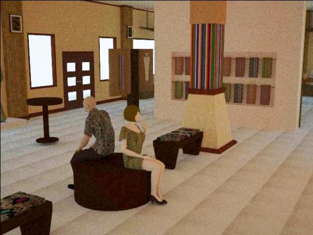 4 1 2 4. Lantai pada area lobby menggunakan lantai keramik berukuran 60cm x 60cm berwarna putih gading. VI. KESIMPULAN Gambar 5.4 Area Galeri Tenun Keterangan : 1.