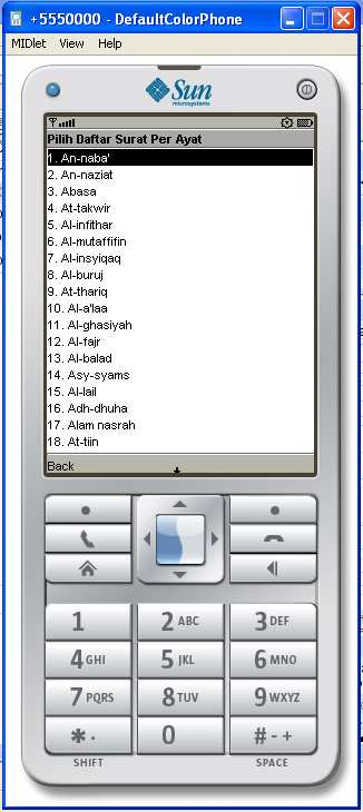 Gambar 4.7. Tampilan jendela daftar menu surat per ayat. 4.4.8 Jendela Daftar Menu Ayat Halaman daftar ayat ini akan tampil jika pengguna sudah memilih salah satu ayat yang ada dengan menekan tombol Pilih.