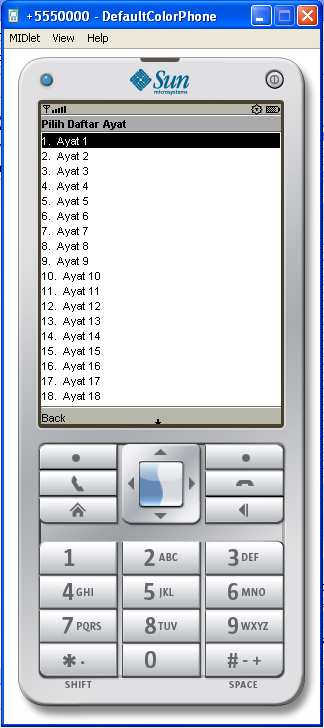 Gambar 4.8. Tampilan jendela daftar menu ayat. 4.4.9 Jendela Halaman Ayat Halaman surat per ayat ini akan tampil jika pengguna sudah memilih salah satu ayat yang ada dengan menekan tombol Pilih.