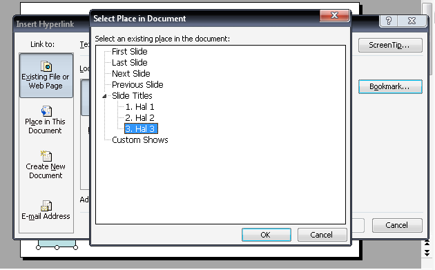 d. Pilih/klik tombol Bookmark, sehingga akan muncul dialog Select Place in Document seperti yang ditunjukan pada Gambar 5.