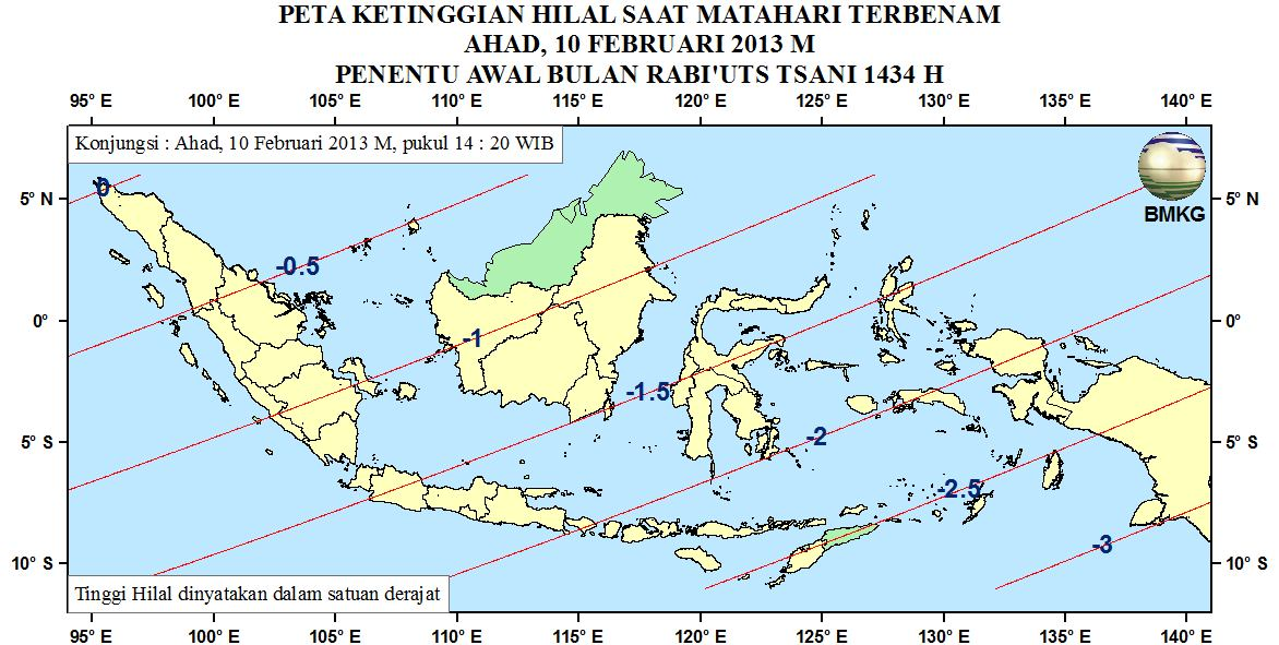Adapun peta ketinggian Hilal saat Matahari terbenam di Indonesia pada tanggal 10 Februari 2013 tersebut lebih jelas dapat dilihat pada Gambar 2.