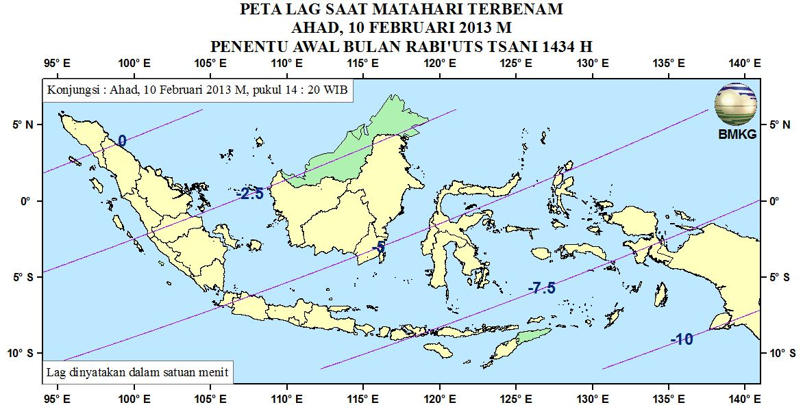 6. Peta Lag Pada Gambar 5 ditampilkan peta Lag untuk pengamat di Indonesia pada tanggal 10 Februari 2013. Lag adalah selisih waktu terbenam Bulan dengan waktu terbenam Matahari.