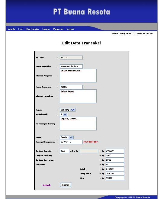 Edit Data Transaksi Jika pada halaman Detail Data Transaksi user memilih menu Edit