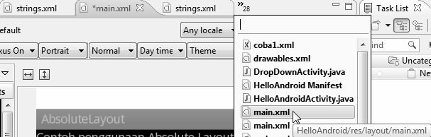 List file XML: merupakan bar yang ada di atas visual editor yang menunjukkan daftar file xml yang sedang aktif.
