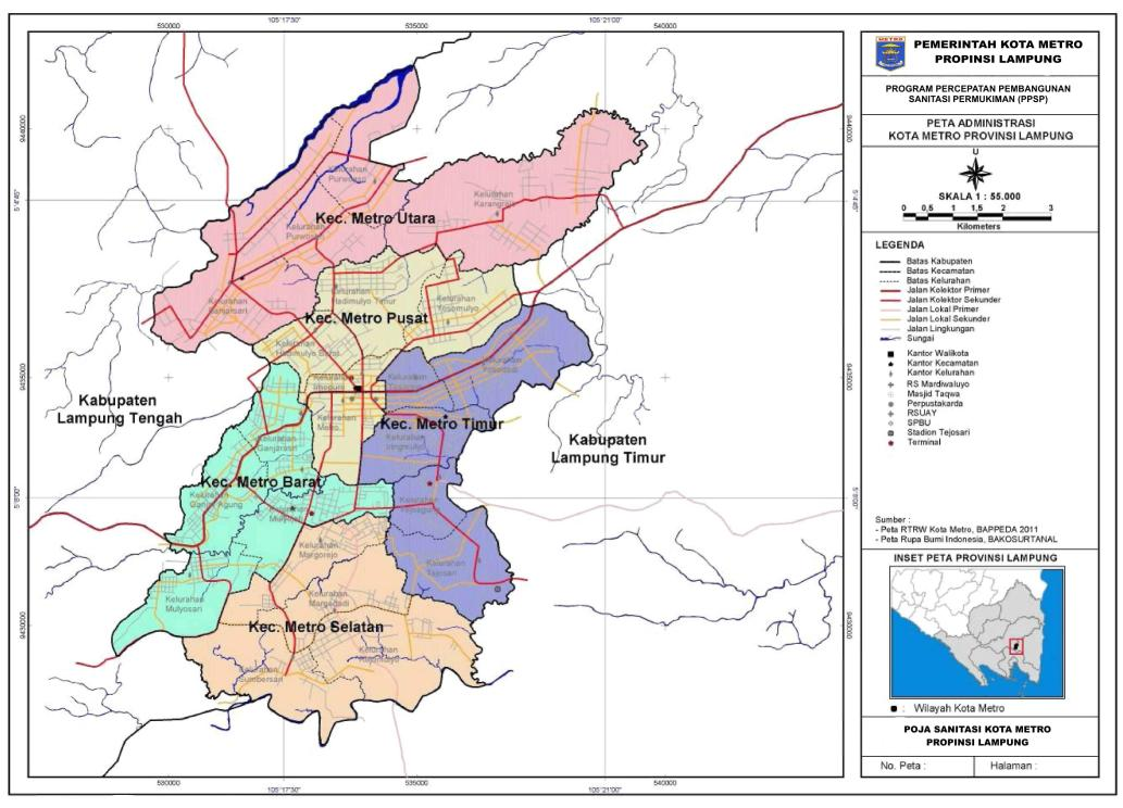 Posisi geografis Kota Metro secara administratif terbagi dalam 5 (lima) wilayah kecamatan dan 22 (dua puluh dua) kelurahan dengan total luas wilayah 68,74 km2 atau 6.874 ha.