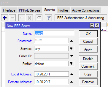41 a) Konfigurasi pada Router A Pada Router A pilih menu PPP Secret, dan kemudian klik tanda + (Plus) berwarna biru.