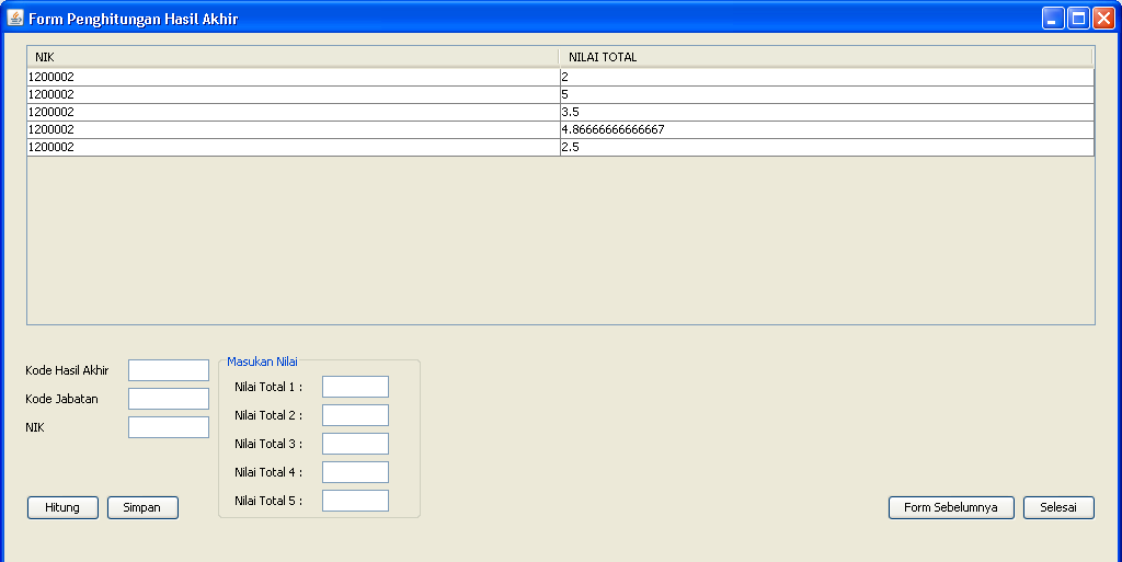 Tampilan form dapat dilihat pada gambar 4.10 Gambar 4.10 Form Penghitungan Nilai Total k.