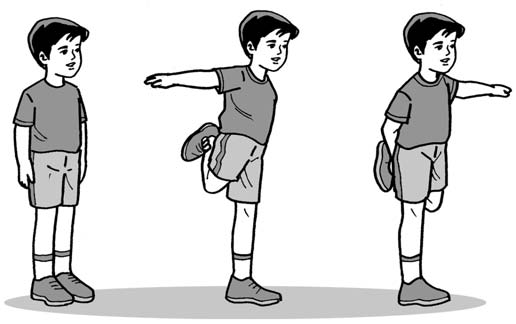 b. Menekuk Lutut Kanan dan Kiri Bergantian 1) Lakukan gerakan menekuk kaki kanan ke belakang. 2) Lakukan bergantian dengan tangan direntangkan. Gambar 4.