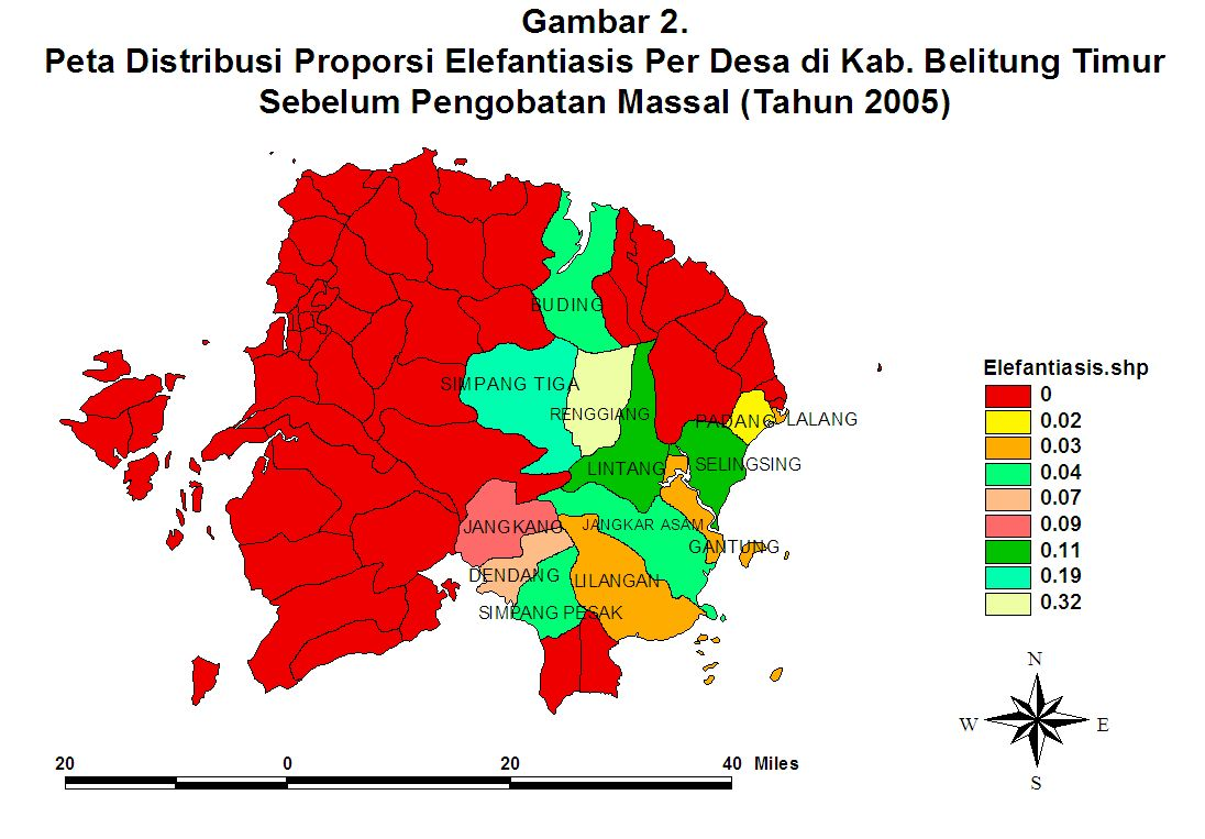 Peta Distribusi Mf Rate dan Elefantiasis di Kabupaten Belitung Timur Sebelum Pengobatan Masal (Tahun 2005).