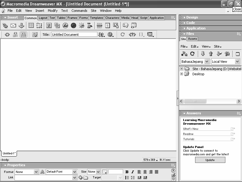 8 Apabila Anda memilih Dreamweaver MX Workspace tanpa mengklik HomeSite/Coder-Style, akan muncul tampilan seperti Gambar 2.