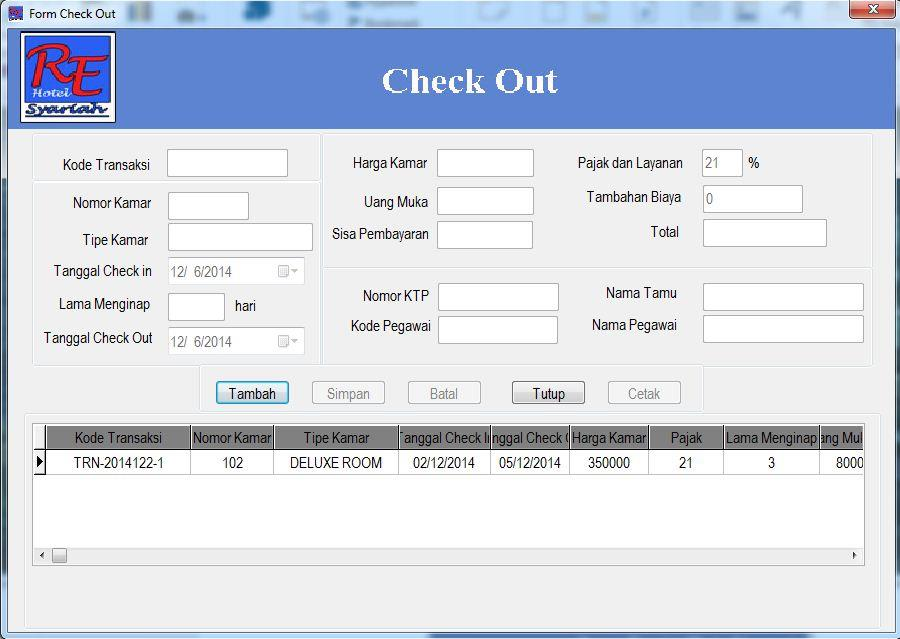 540 ISSN: 2089-3787 Gambar 6. Form Check Out Form pada gambar 6 berfungsi untuk mengentry data check out yang dilakukan ketika tamu melakukan check out pada Hotel Ratu Elok Banjarbaru. 3.