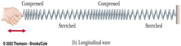 Gelombang Longitudinal Gelombang Longitudinal merupakan gelombang yang arah pergerakan partikel pada medium (arah getarnya) sejajar dengan arah rambatnya.