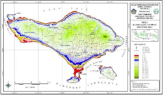 Tabel 2. Sebaran lahan menurut ketinggian tempat di Provinsi Bali No Kabupaten/ Luas wilayah menurut ketinggian tempat (m) Kota 0 25 m 25 100 m 100 500 m 500 1000 m >1000 m Jumlah (ha) 1. Badung 6.