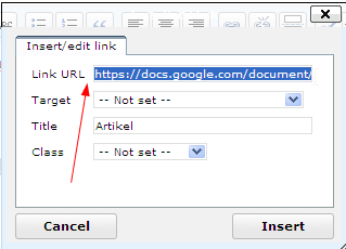 Masukkan kink yang kita peroleh dari Google Drive pada kolom yang disediakan, yaitu Lnk URL. Kemudian klik Insert Link pada artikel blog akan aktif ditandai dengan warna biru dan bergaris bawah.