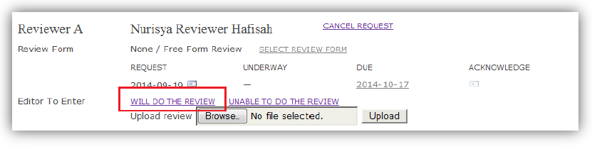 Gambar 23. Mengirim File ke Reviewer Pada Gambar 23, klik link Will Do The Review untuk mengirimkan file ke halaman akun reviewer.
