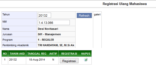 Klik tombol registrasi untuk mencatat registrasi mahasiswa. 9. Transkrip Nilai Digunakan untuk melihat dan mencetak trankrip nilai mahasiswa.
