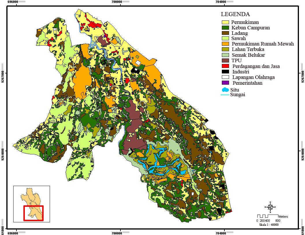 7 HASIL DAN PEMBAHASAN Penggunaan Lahan di Kecamatan Bogor Selatan Hasil interpretasi penggunaan lahan dari citra Worldview Kecamatan Bogor Selatan tahun 2011 disajikan pada Gambar 3.