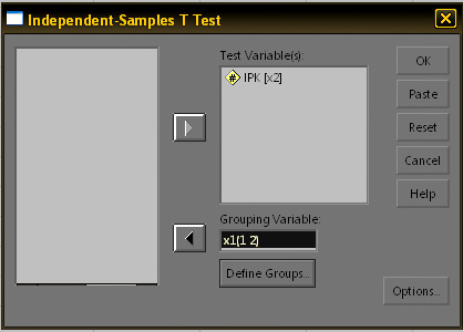 Lakukan analisis dengan menggunakan menu Analyze Compare Means Independent Samples t test Masukkan variabel X ke Test Variables dan X1 ke Grouping Variable Klik tombol Define Groups