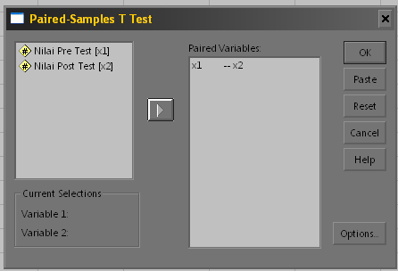 Lakukan analisis dengan menggunakan menu Analyze Compare Means Paired-Samples t Test.