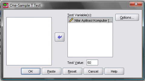 Lakukan analisis dengan menggunakan menu Analyze Compare Means One Sample t Test.