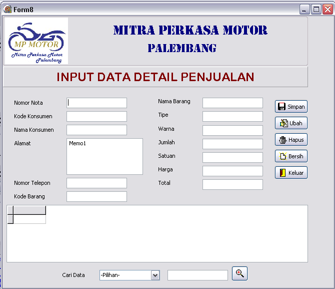 Tampilan Form Input Data Detail Penjualan Form input data detail penjualan ini berfungsi untuk mengolah data detail penjualan pada CV. Mitra Perkasa Motor Palembang.