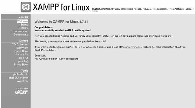 2. Jalankan linux shell dan login sebagai sistem administrator root: su. Lalu instal file XAMPP untuk Linux yang telah didownload di /opt menggunakan perintah: tar xvfz xampp-linux-1.7.1.tar.gz -C /opt 3.