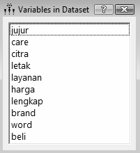 26 Kotak dialog Variables in Dataset Pada bab-bab mendatang, saat sebuah model sudah mempunyai data file, dapat digunakan fasilitas ini untuk melihat variabel yang ada dalam sebuah data. Perhatikan!