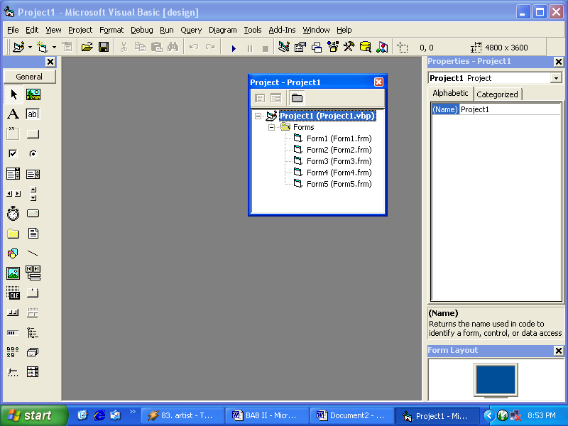 dalam jendela Form di atas. Gambar 2.6 Toolbox 5. Project Explorer : adalah jendela yang mengandung semua file di dalam aplikasi Visual Basic.