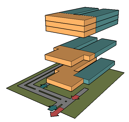 Konsep tata massa bangunan yang digunakan adalah bangunan dengan massa tunggal.