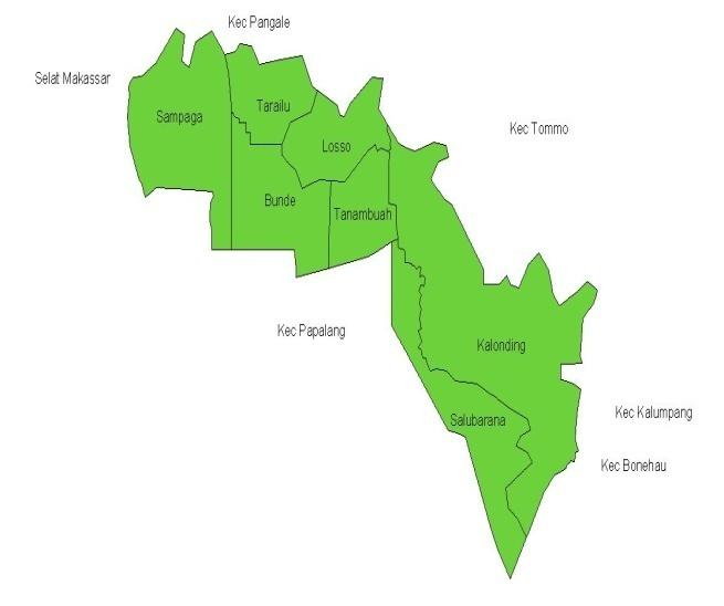 Secara geografi, Kecamatan Sampaga di sebelah utara berbatasan dengan Kecamatan Pangale, sebelah timur berbatasan dengan Kecamatan Bonehau, sebelah selatan dengan Kecamatan Papalang, dan sebelah