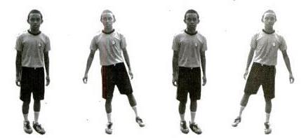27 Hitungan 1-2 : Gerakan melangkahkan kaki kanan ke samping kanan, kemudian diikuti oleh kaki kiri dengan hanya ujung telapak kaki menyentuh tanah. Lutut sedikit ditekuk.