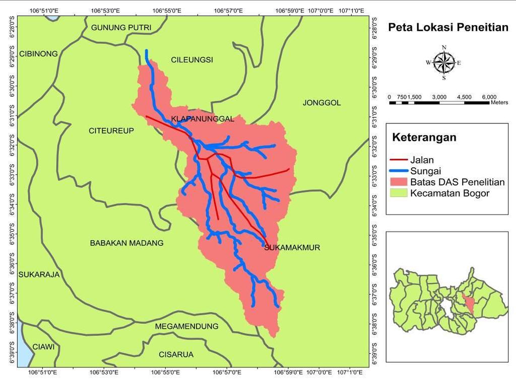 4 Gambar 1 Peta Lokasi Penelitian (DAS Cileungsi) di Kabupaten Bogor Metode Penelitian Metode penelitian yang dipakai meliputi interpretasi dan analisis data spasial (peta dan citra satelit) dan