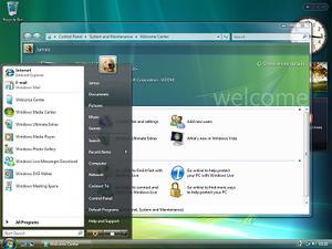 Windows Vista, menampilkan antarmuka grafis Aero-nya yang memikat, Welcome screen dan menu Start. Windows Vista menggunakan nomor versi 6.