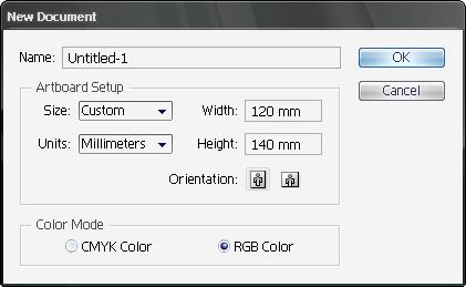 1. Units: Millimeters 2. Width: 120 mm dan Height:140 mm Gambar 2 Kotak dialog New Document 3. Color Mode: RGB 6. Lihat Gambar 3.